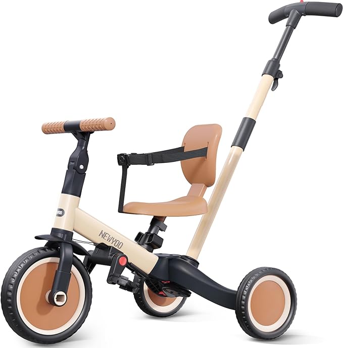 Toddler Tricycle with Push Handle for 1-3 Year Old, Toddler Bike, Birthday Gift and Toy for Boys and Girls, 5 in 1 Kids Trike, Balance Bike with Backrest and Safety Belt, Khaki, TR007