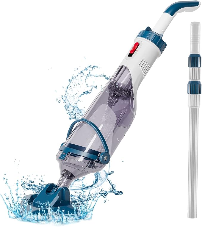 Pool Vacuum for Above Ground Pool with a Telescopic Pole, Running time up to 1H, Handheld Rechargeable Pool Cleaner with Powerful Suction up to 18.5 gallons/min, Ideal for Leaves & Debris, PC10
