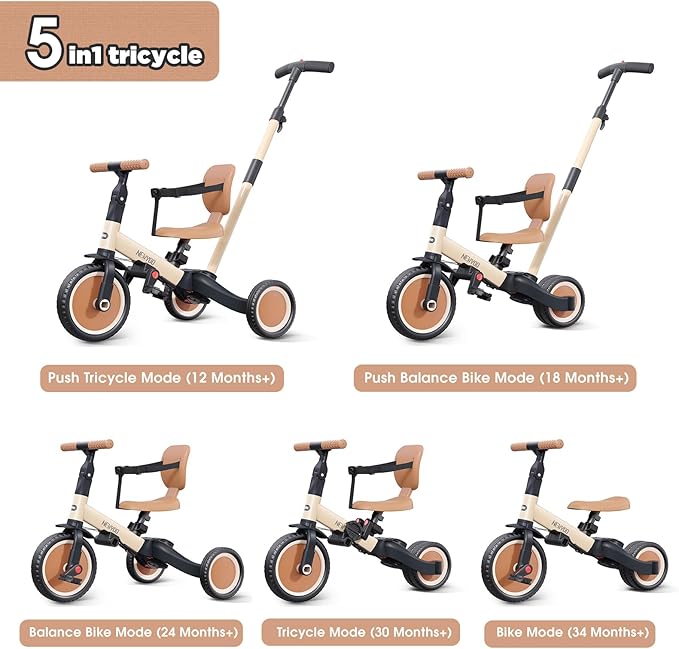 Toddler Tricycle with Push Handle for 1-3 Year Old, Toddler Bike, Birthday Gift and Toy for Boys and Girls, 5 in 1 Kids Trike, Balance Bike with Backrest and Safety Belt, Khaki, TR007