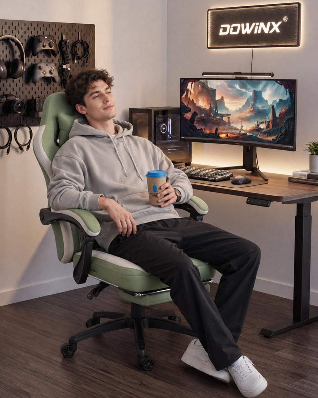 Gaming Chair Breathable Fabric Computer Chair with Pocket Spring Cushion, Comfortable Office Chair with Gel Pad and Storage Bag,Massage Game Chair with Footrest