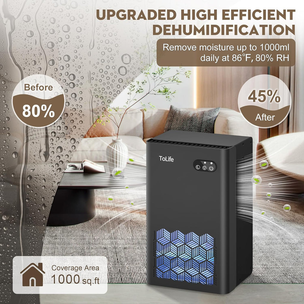 Dehumidifier for Home, 1000 sq.ft Dehumidifiers for Bedroom Bathroom Basement with 95 OZ Water Tank, Auto Shut Off 7 Colors LED Light, White Black