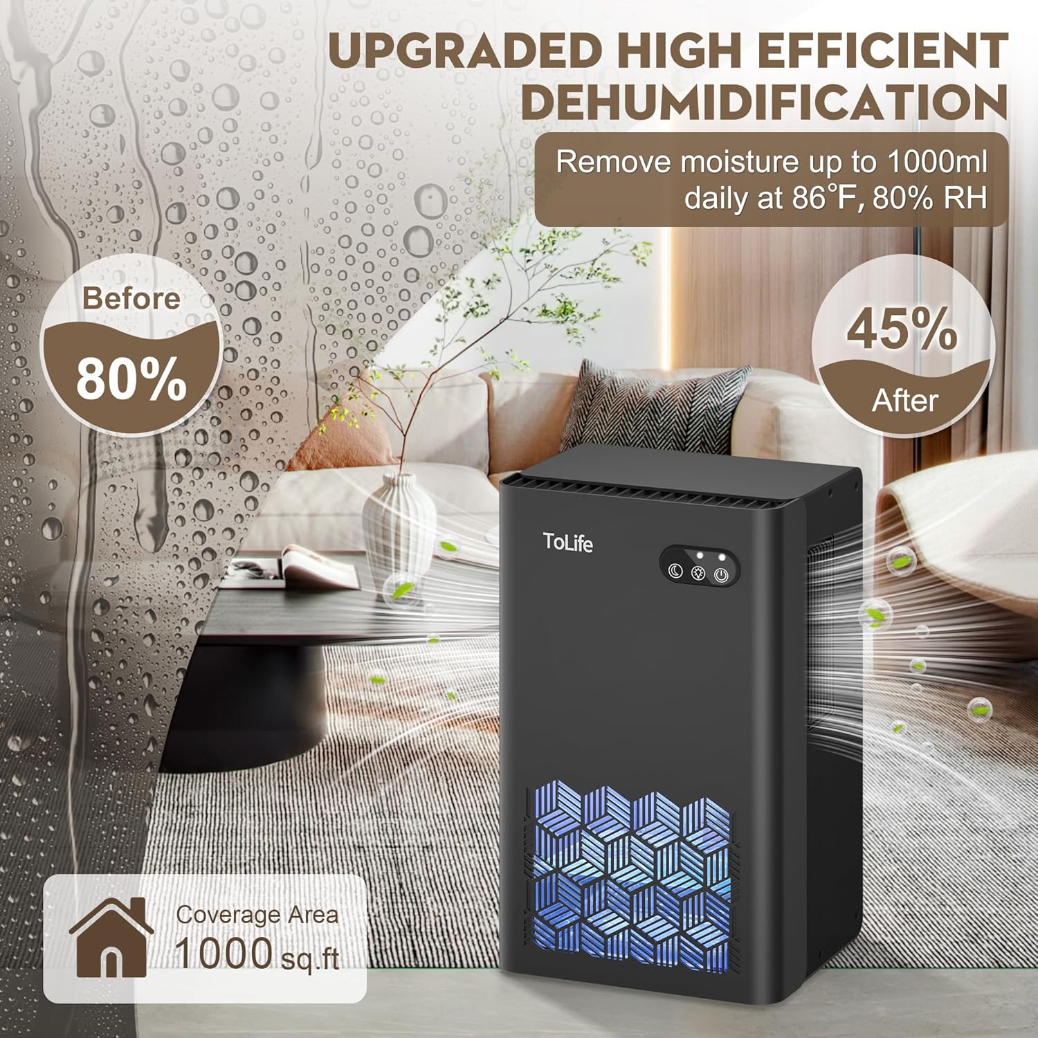 Dehumidifier for Home, 1000 sq.ft Dehumidifiers for Bedroom Bathroom Basement with 95 OZ Water Tank, Auto Shut Off 7 Colors LED Light, White Black