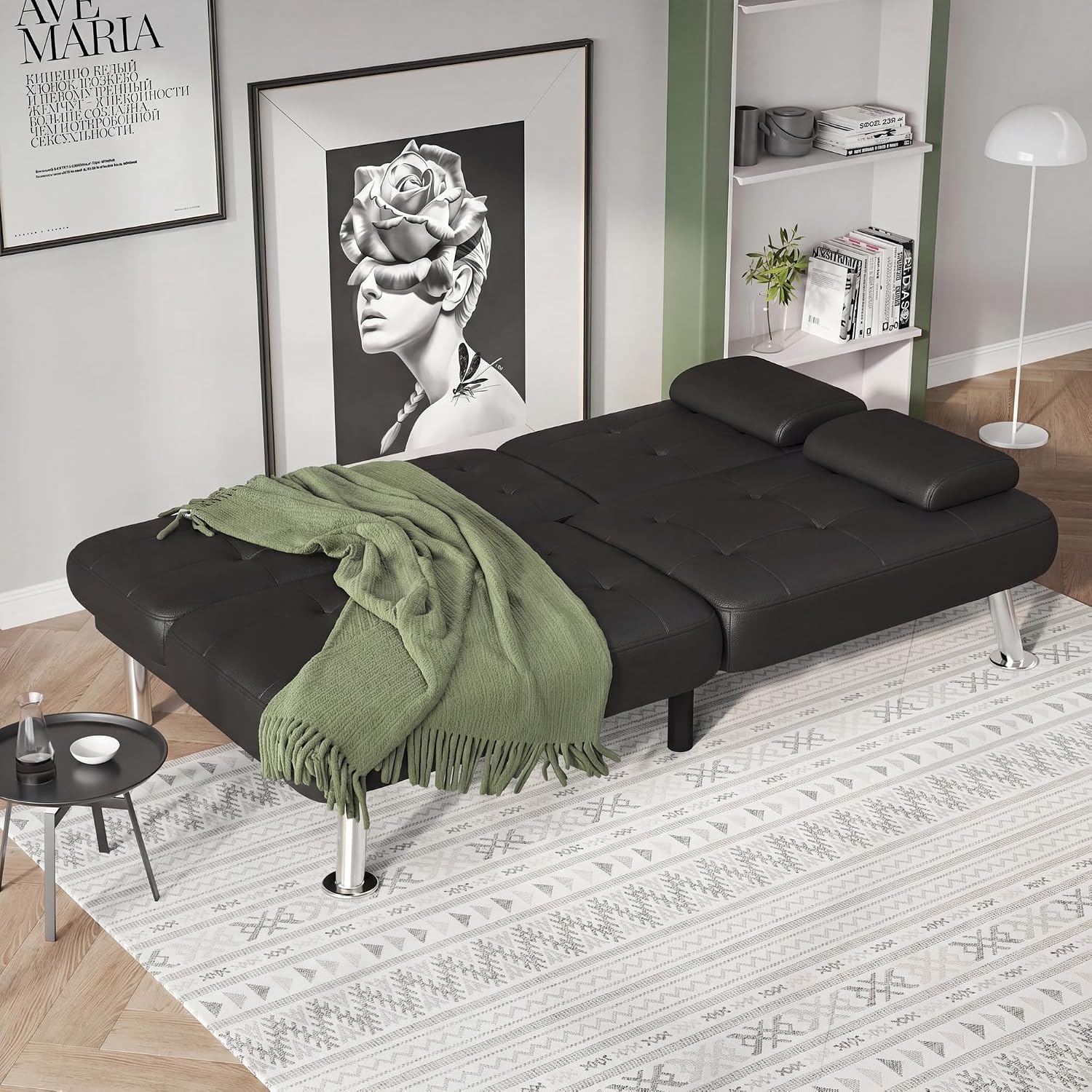 Flamaker Futon Sofa Bed Modern Folding Futon Set Convertible Recliner Lounge for Living Room with 2 Cup Holders, Removable Armrests (PU Leather, Black)
