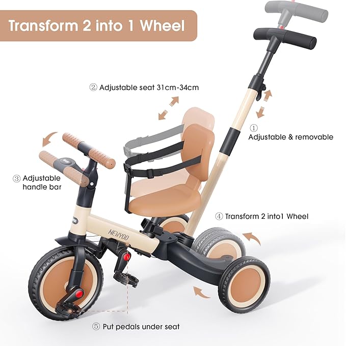 Toddler Tricycle with Push Handle for 1-3 Year Old, Toddler Bike, Birthday Gift and Toy for Boys and Girls, 5 in 1 Kids Trike, Balance Bike with Backrest and Safety Belt, Khaki, TR007