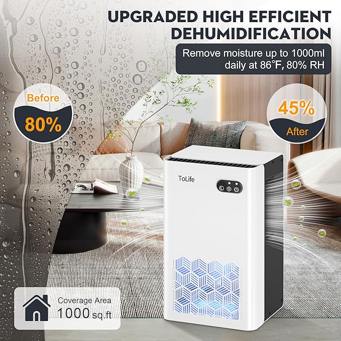 Dehumidifier for Home, 1000 sq.ft Dehumidifiers for Bedroom Bathroom Basement with 95 OZ Water Tank, Auto Shut Off 7 Colors LED Light, White Black