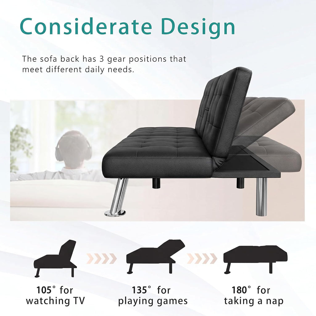Flamaker Futon Sofa Bed Modern Folding Futon Set Convertible Recliner Lounge for Living Room with 2 Cup Holders, Removable Armrests (PU Leather, Black)
