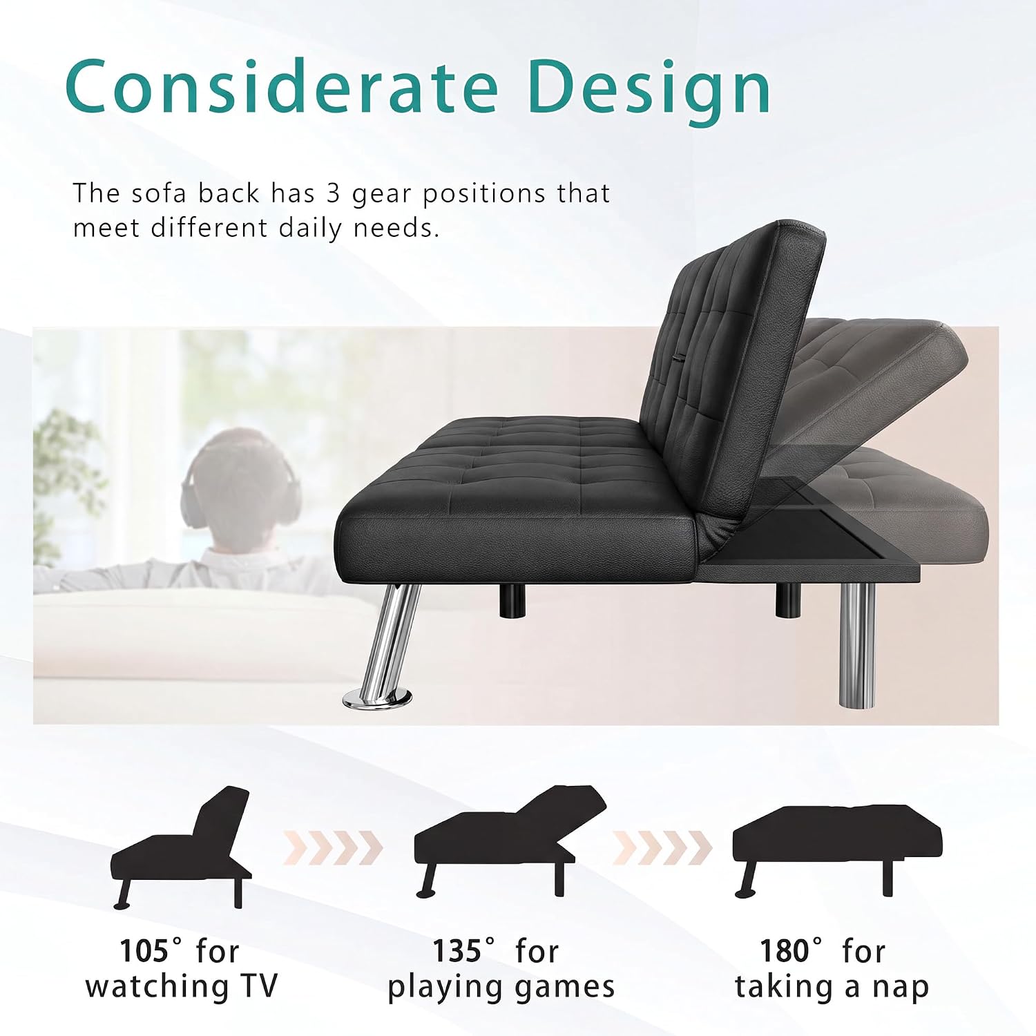 Flamaker Futon Sofa Bed Modern Folding Futon Set Convertible Recliner Lounge for Living Room with 2 Cup Holders, Removable Armrests (PU Leather, Black)