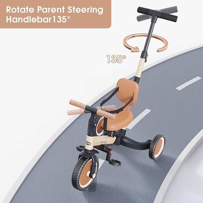 Toddler Tricycle with Push Handle for 1-3 Year Old, Toddler Bike, Birthday Gift and Toy for Boys and Girls, 5 in 1 Kids Trike, Balance Bike with Backrest and Safety Belt, Khaki, TR007