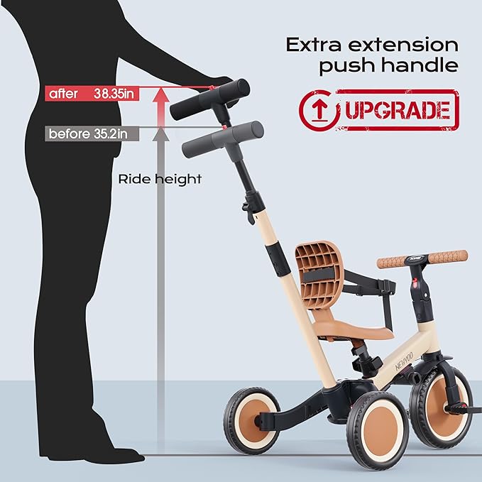 Toddler Tricycle with Push Handle for 1-3 Year Old, Toddler Bike, Birthday Gift and Toy for Boys and Girls, 5 in 1 Kids Trike, Balance Bike with Backrest and Safety Belt, Khaki, TR007