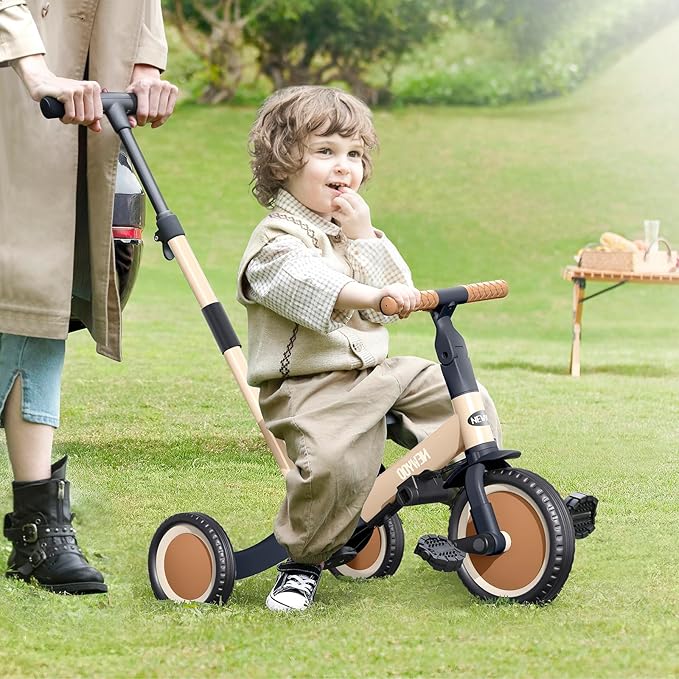 Toddler Tricycle with Push Handle for 1-3 Year Old, Toddler Bike, Birthday Gift and Toy for Boys and Girls, 5 in 1 Kids Trike, Balance Bike with Backrest and Safety Belt, Khaki, TR007