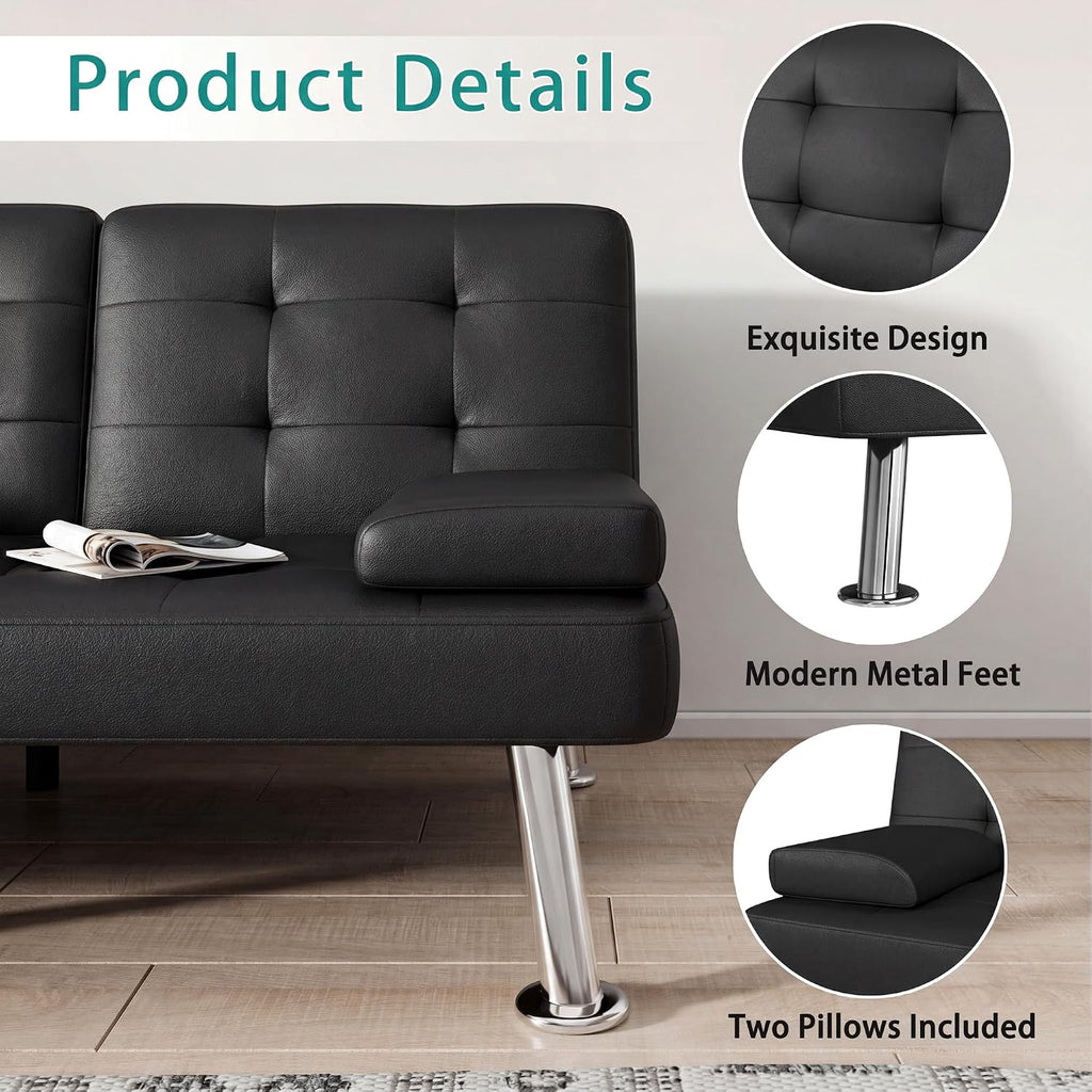 Flamaker Futon Sofa Bed Modern Folding Futon Set Convertible Recliner Lounge for Living Room with 2 Cup Holders, Removable Armrests (PU Leather, Black)