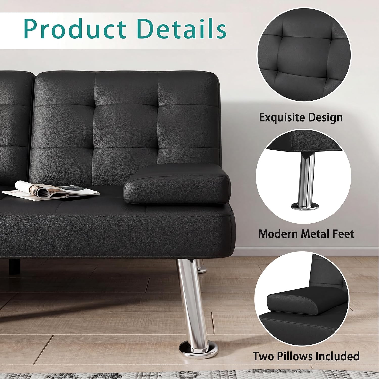 Flamaker Futon Sofa Bed Modern Folding Futon Set Convertible Recliner Lounge for Living Room with 2 Cup Holders, Removable Armrests (PU Leather, Black)